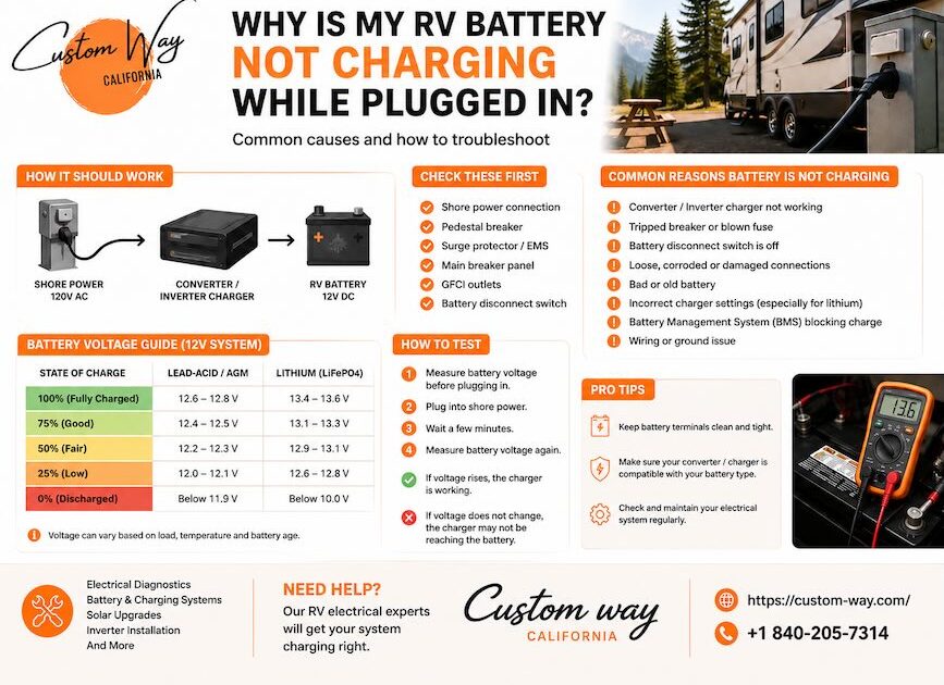 Why is my rv battery not charging while plugged in?