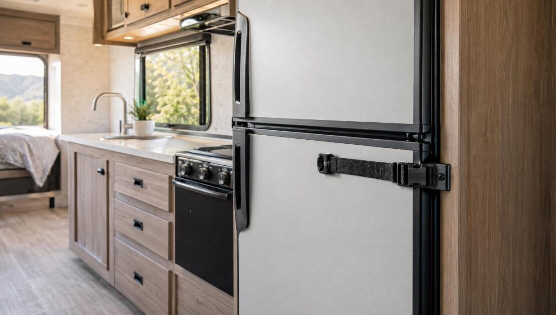 How to keep rv refrigerator door closed while traveling?