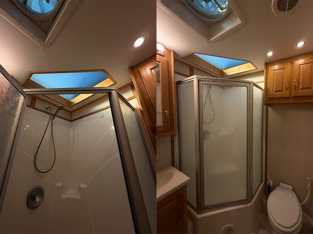 RV shower renovation with skylight